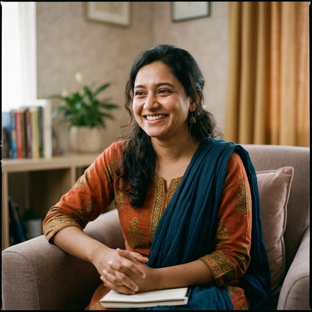 Happy Bangladeshi woman sharing her positive therapy experience and emotional recovery at CMHCB